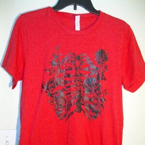 Adult Unisex Skeleton Ribcage &  Roses Red T-Shirt Tee - Size Medium